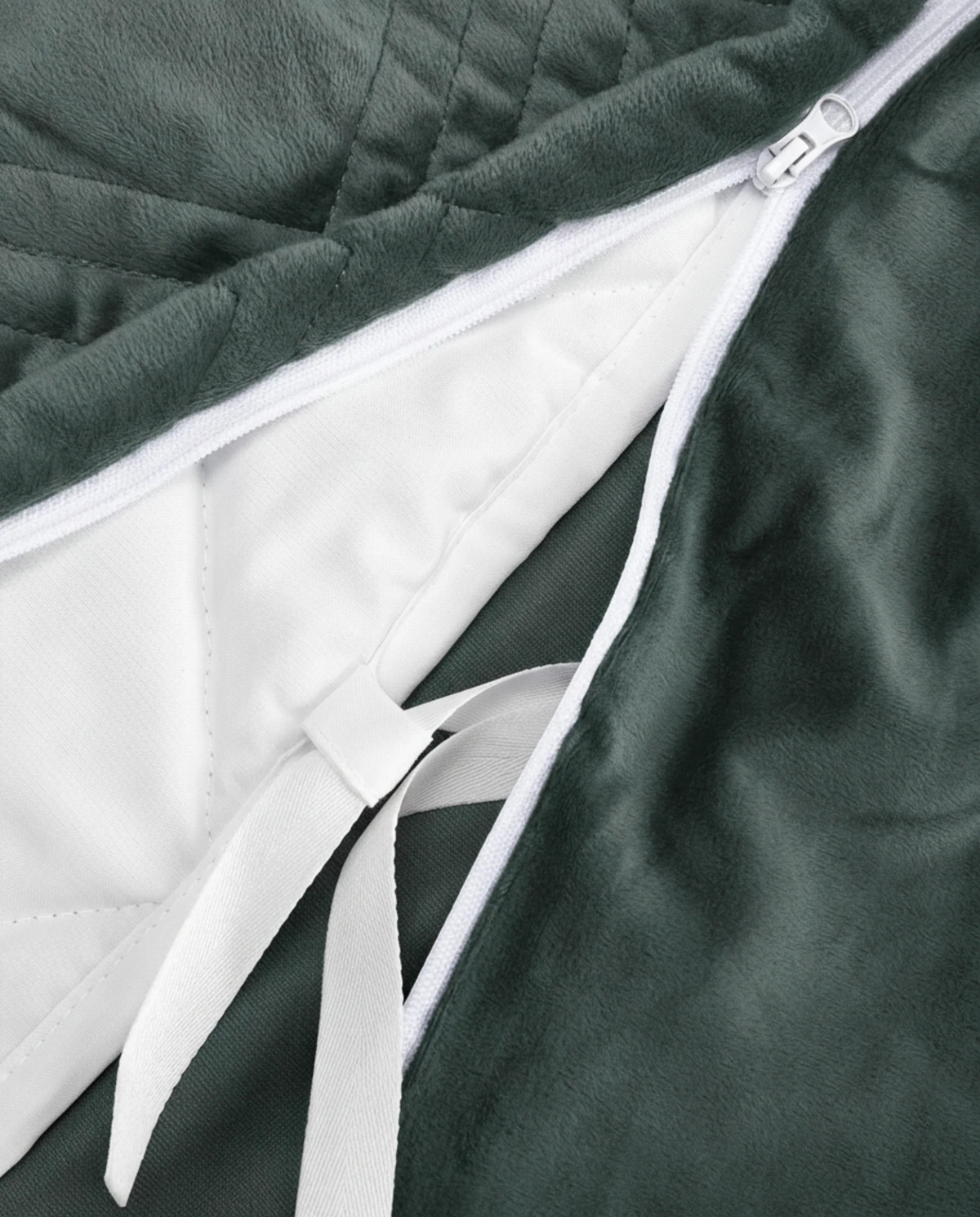 Close-up of the pine green minky Winter cover with zip and ties